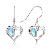 Hollow Heart Pendant Pear Shape Moon Stone Sterling Silver Hook Earrings